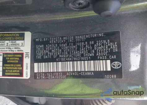 2008 Toyota Camry Le/Se/Xle z USA, uszkodzony, nr VIN 4T1BE46K78U216051